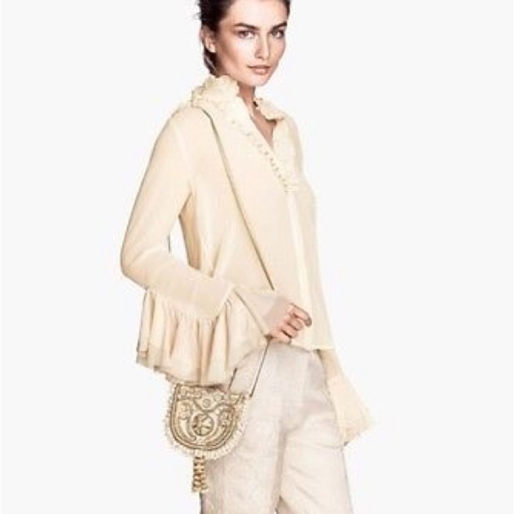 H&M Conscious Exclusive Cream Ruffled Blouse with Bell Sleeves boho chic